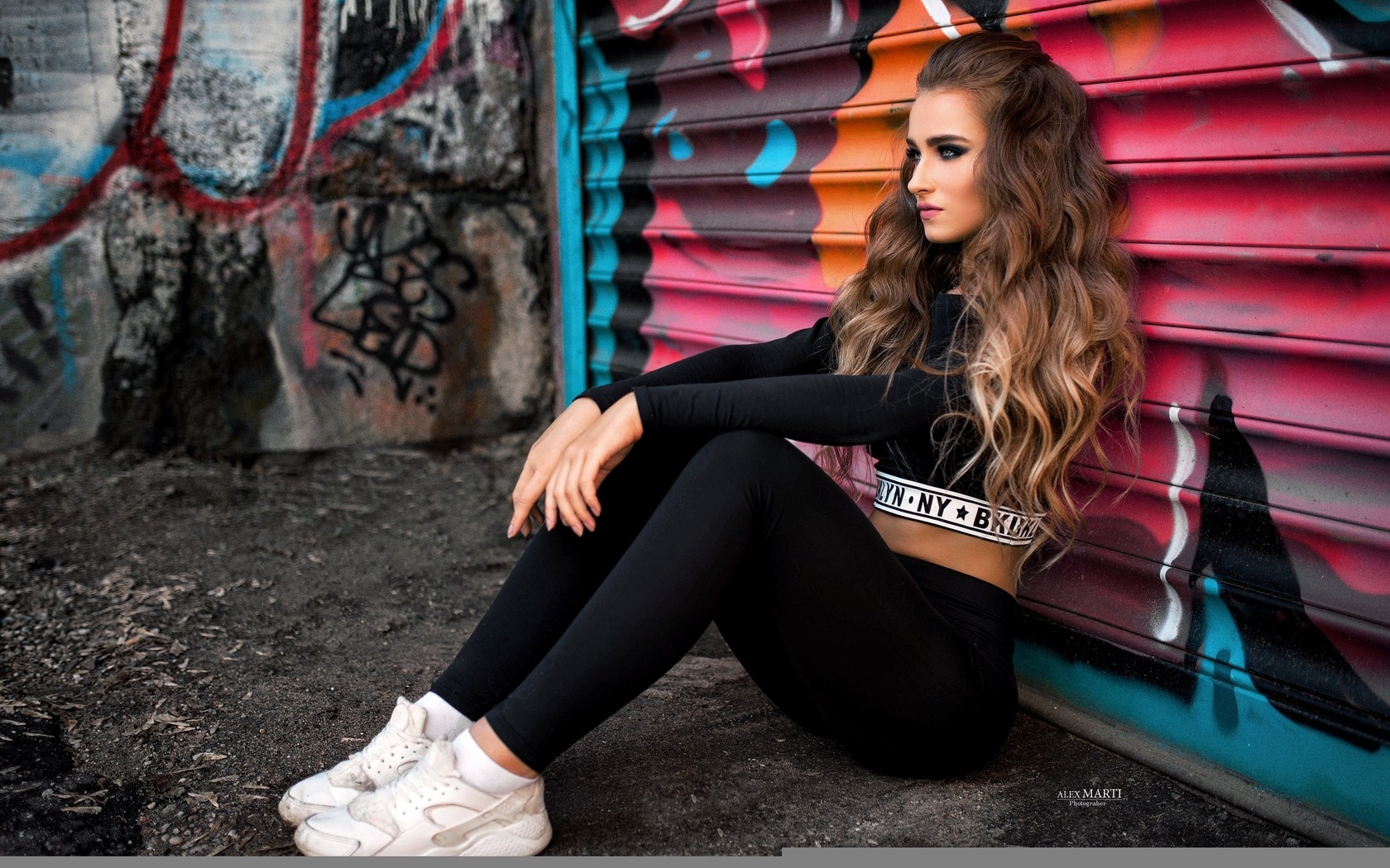 aleksandra taranova, women, portrait, sneakers, yoga pants, black clothing, sitting, looking away, graffiti, wavy hair, blonde, long hair,  , , , ,  , ,   , ,  