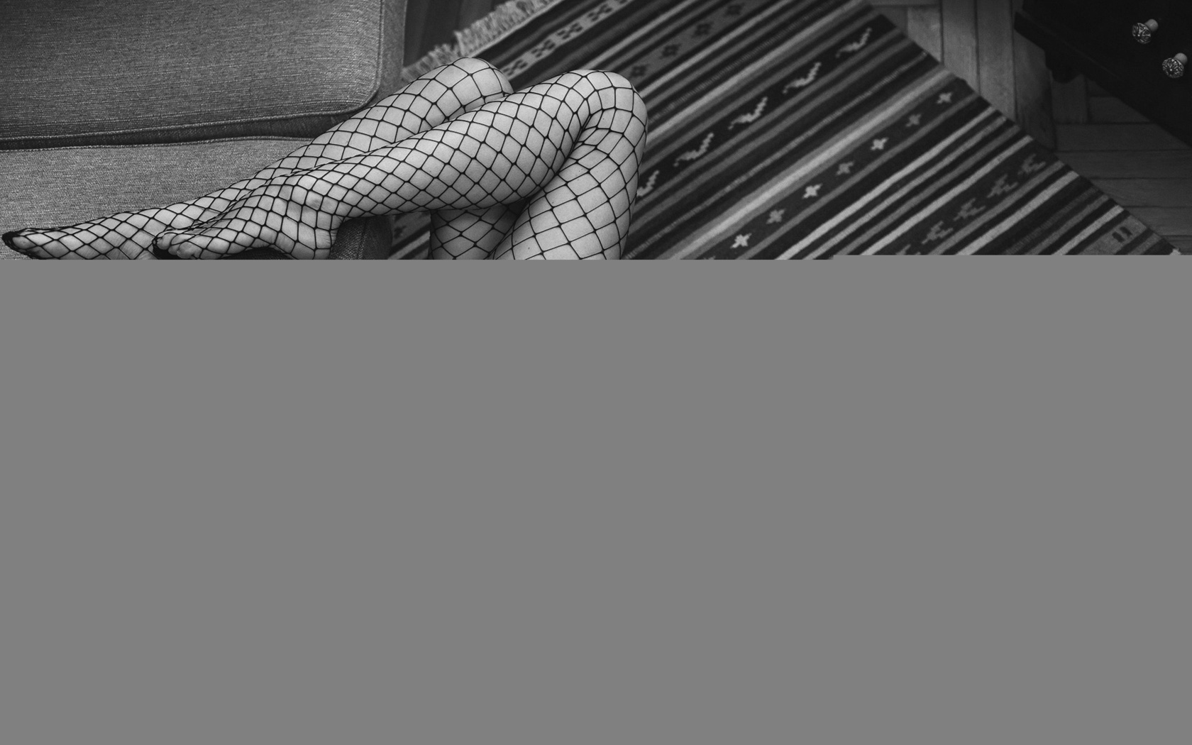women, top view, couch, black lingerie, on the floor, fishnet lingerie, fishnet stockings, belly, monochrome, pierced navel, ass, , , -, ,  ,  ,  , ,  ,  , 