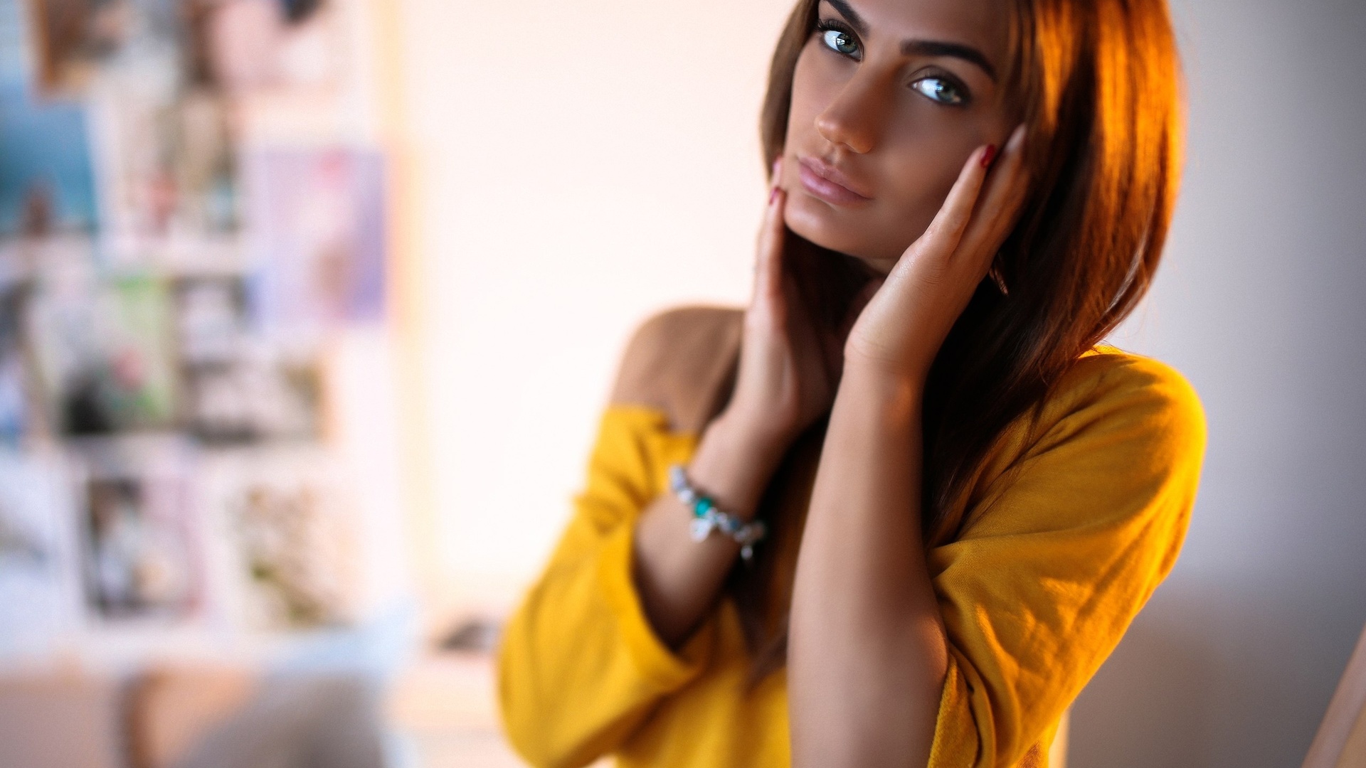 aniuta minailova, women, tanned, portrait, face, hand on face, depth of field, room, red nails,  , , , , , ,   , ,  