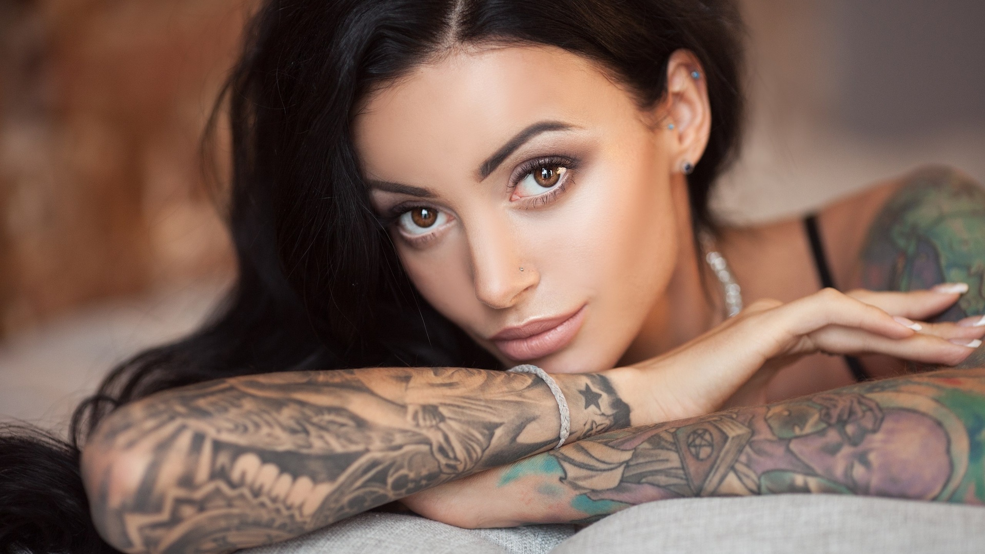 anna sajarova, women, face, portrait, tattoo, black bras, pierced nose, depth of field, black hair, any sakharova, , , , , ,  