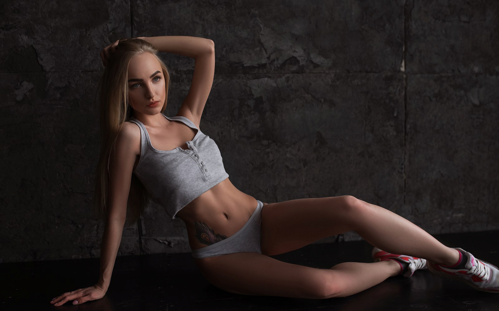 alena gavrylenko, women, blonde, sitting, belly, sneakers, looking away, hips, hands on head, panties, underwear, tattoo, tanned, portrait,  , , , , , ,   , ,   , ,