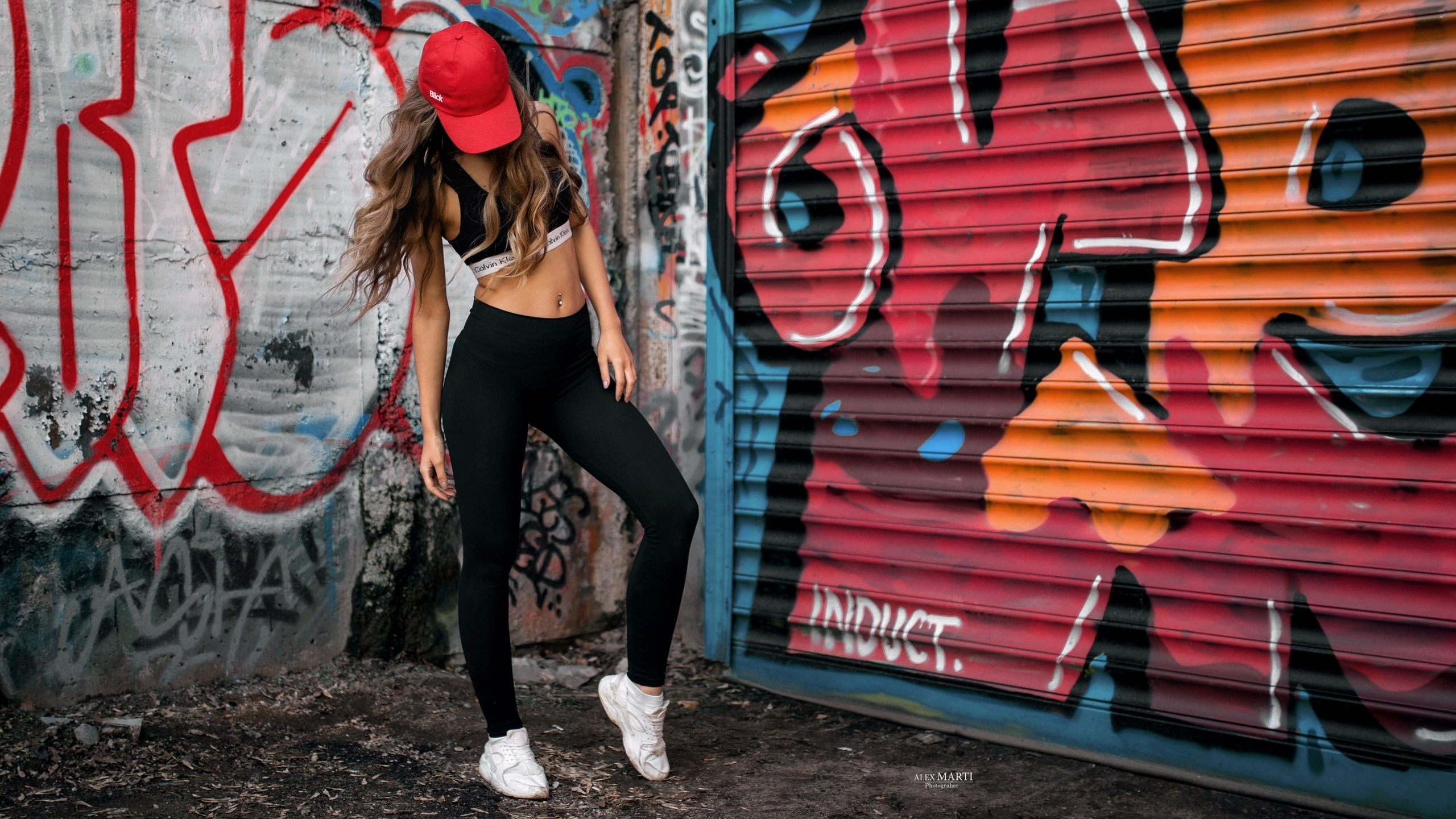 aleksandra taranova, women, calvin klein, portrait, sportswear, yoga pants, sports bra, tanned, graffiti, sneakers, baseball caps, belly, long hair,  , , ,  ,  ,  , , 