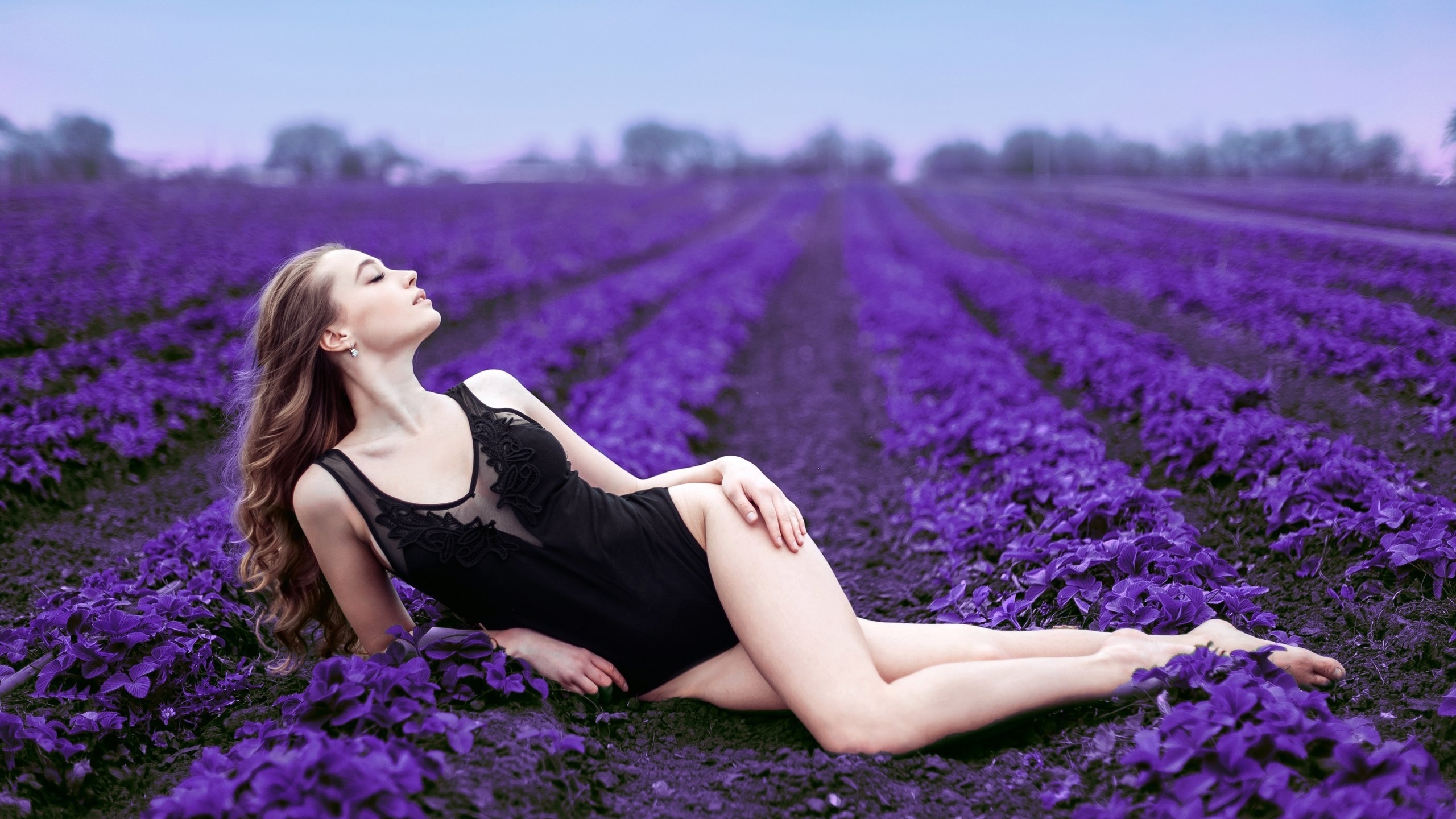 women, pale, black lingerie, depth of field, closed eyes, women outdoors, purple, wavy hair, ,  ,  ,   , ,  , , 