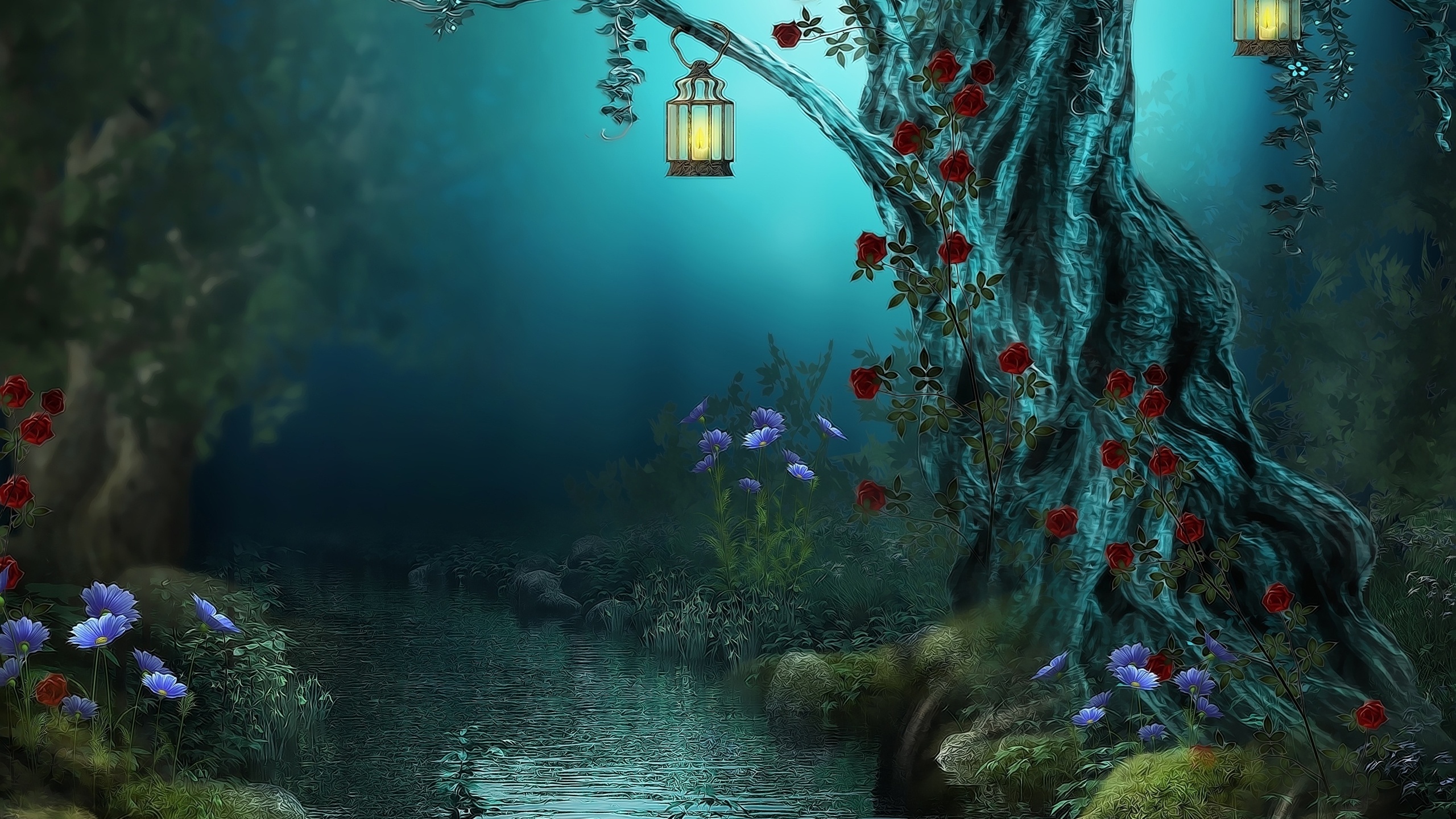  roses, night, , forest, fantasy, red roses, nature, river, lamps, flowers,    , ,,,,,,,,,