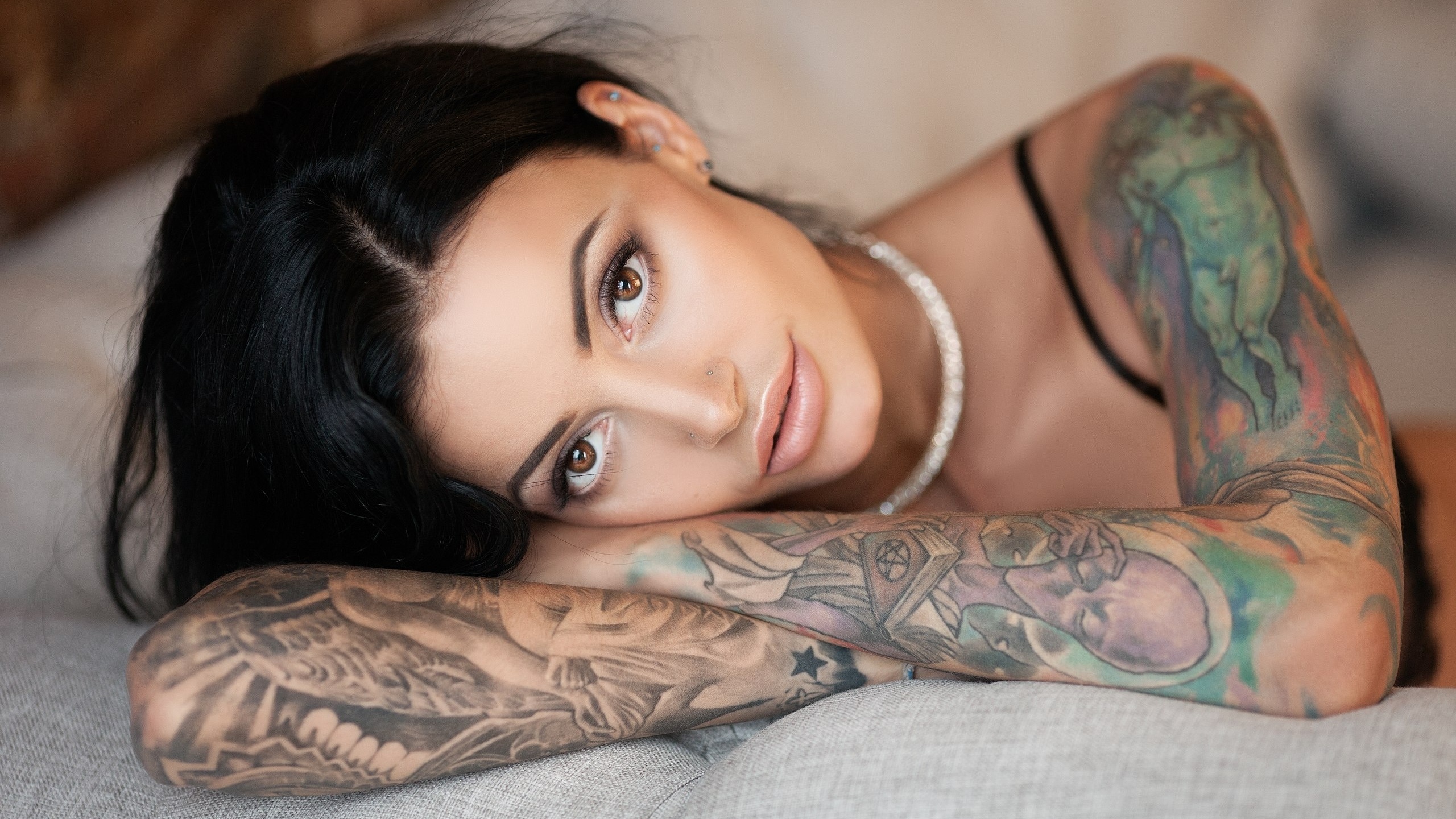 anna sajarova, women, face, portrait, tattoo, black bras, pierced nose, depth of field, black hair, any sakharova, , , , , ,  ,  