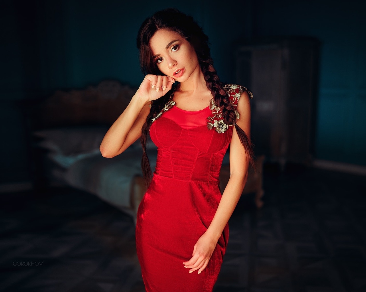 women, pigtails, red dress, ivan gorokhov, portrait,  , , , , ,  ,   ,  , , ekaterina zueva