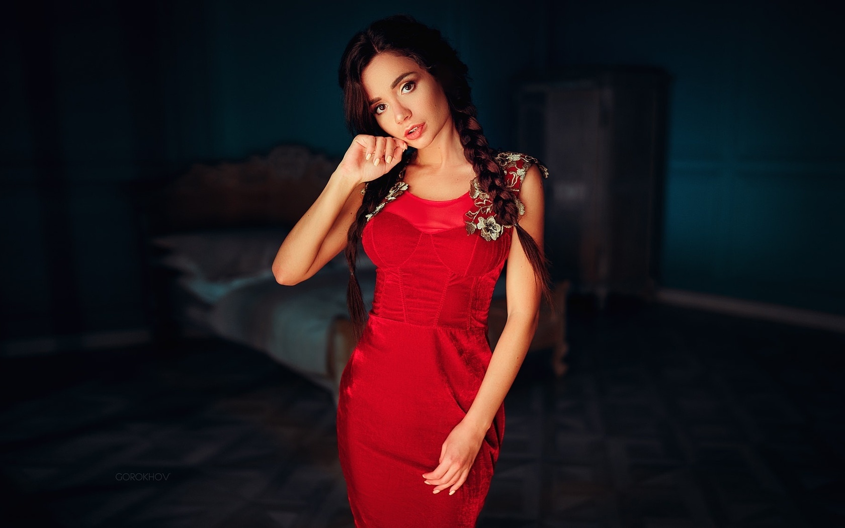 women, pigtails, red dress, ivan gorokhov, portrait,  , , , , ,  ,   ,  , , ekaterina zueva