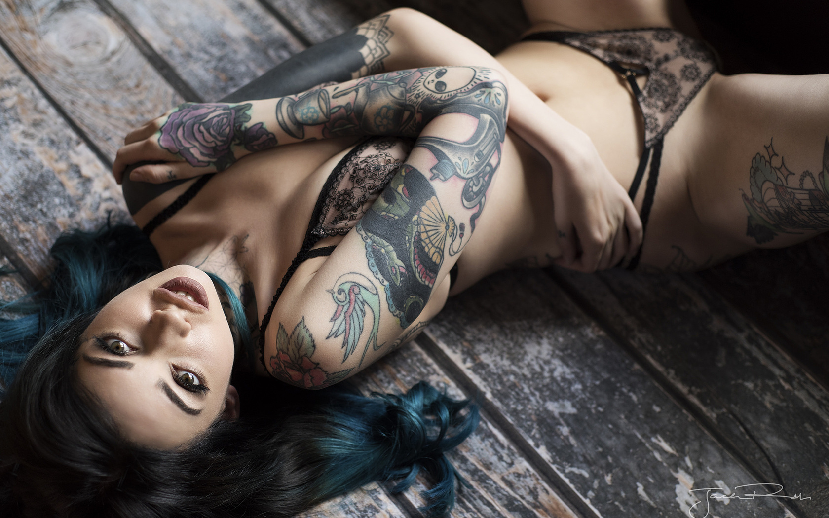 women, dyed hair, jack russell, tattoo, looking at viewer, black lingerie, see-through clothing, lying on back, belly, ,  , ,   ,  , ,   , 