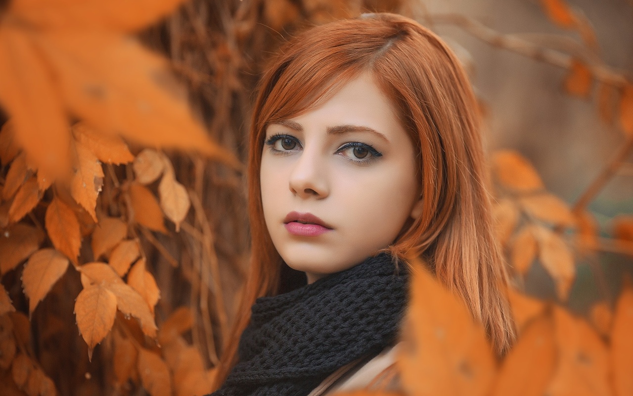 women, portrait, face, women outdoors, depth of field, leaves, redhead, scarf, redhead, , , ,   , , , , 