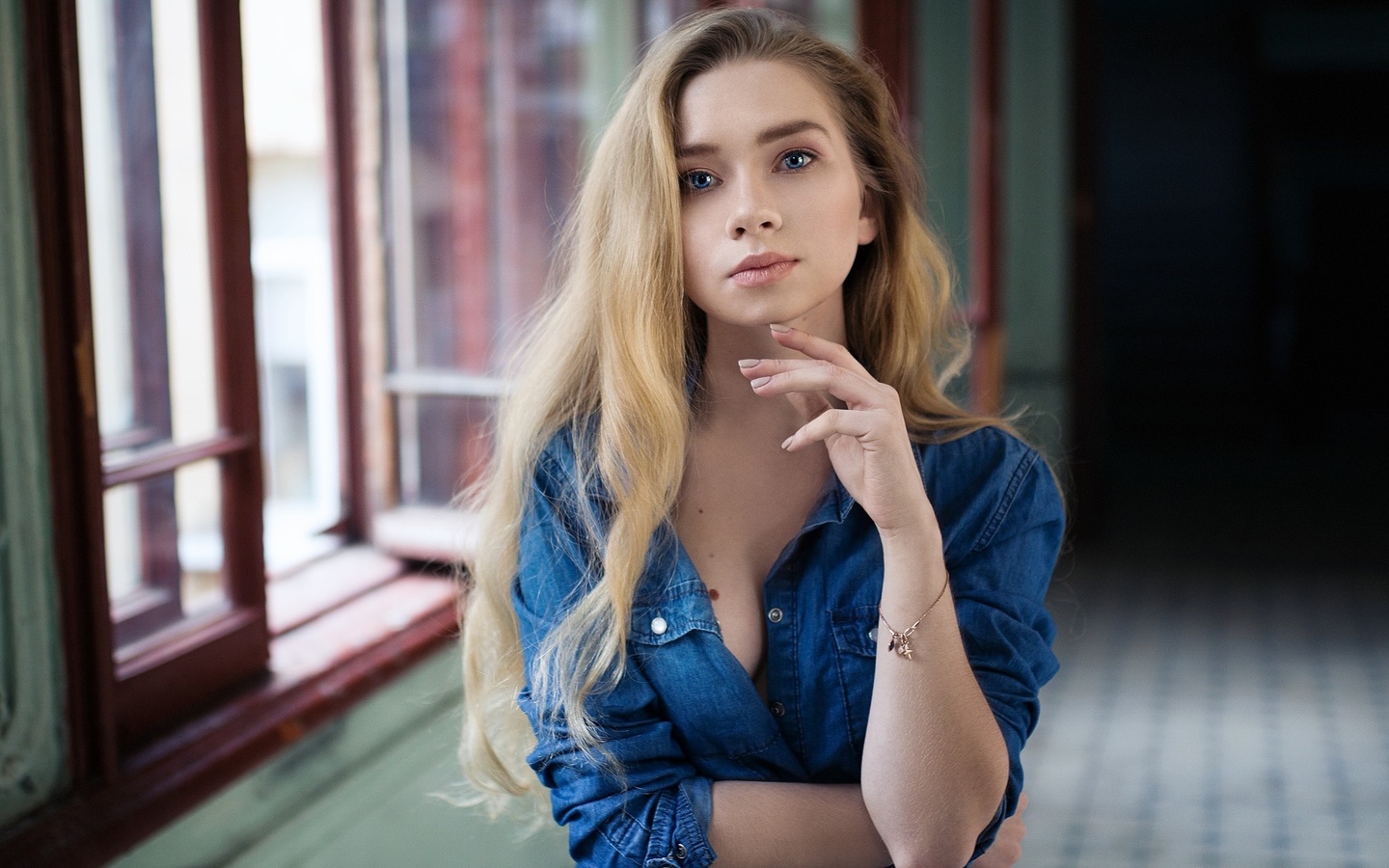 women, blonde, portrait, denim shirt, blue eyes, depth of field, , , ,  ,  ,   