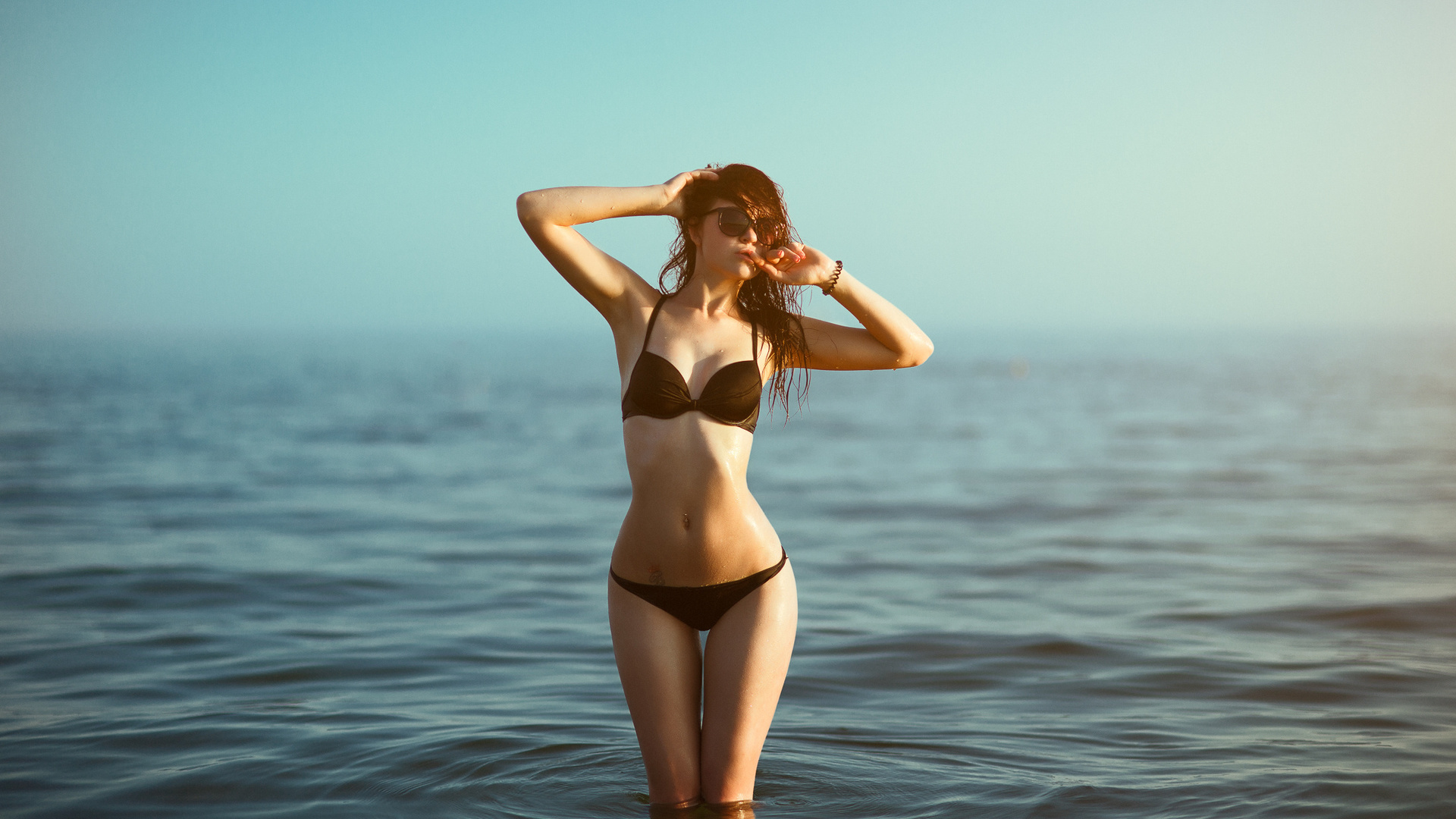 women, tanned, black bikinis, women outdoors, depth of field, belly, sunglasses, wet body, wet hair