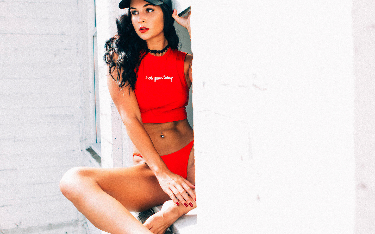 women, tanned, red panties, belly, t-shirt, baseball caps, pierced navel, red nails, choker, sitting, red lipstick