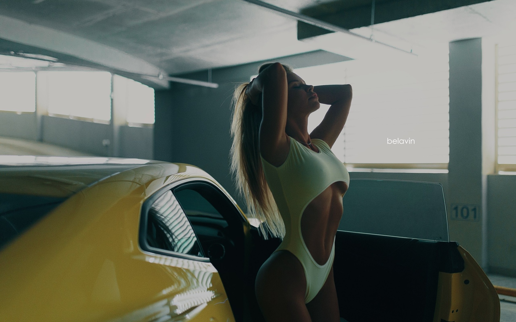 women, alexander belavin, tanned, women with cars, one-piece swimsuit, belly, blonde, closed eyes