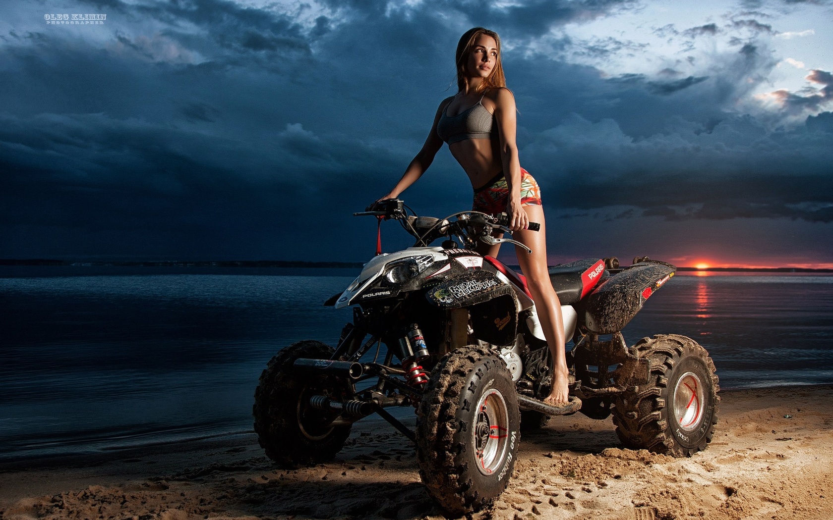 women, atvs, tanned, sand, sea, women outdoors, short shorts, sunset