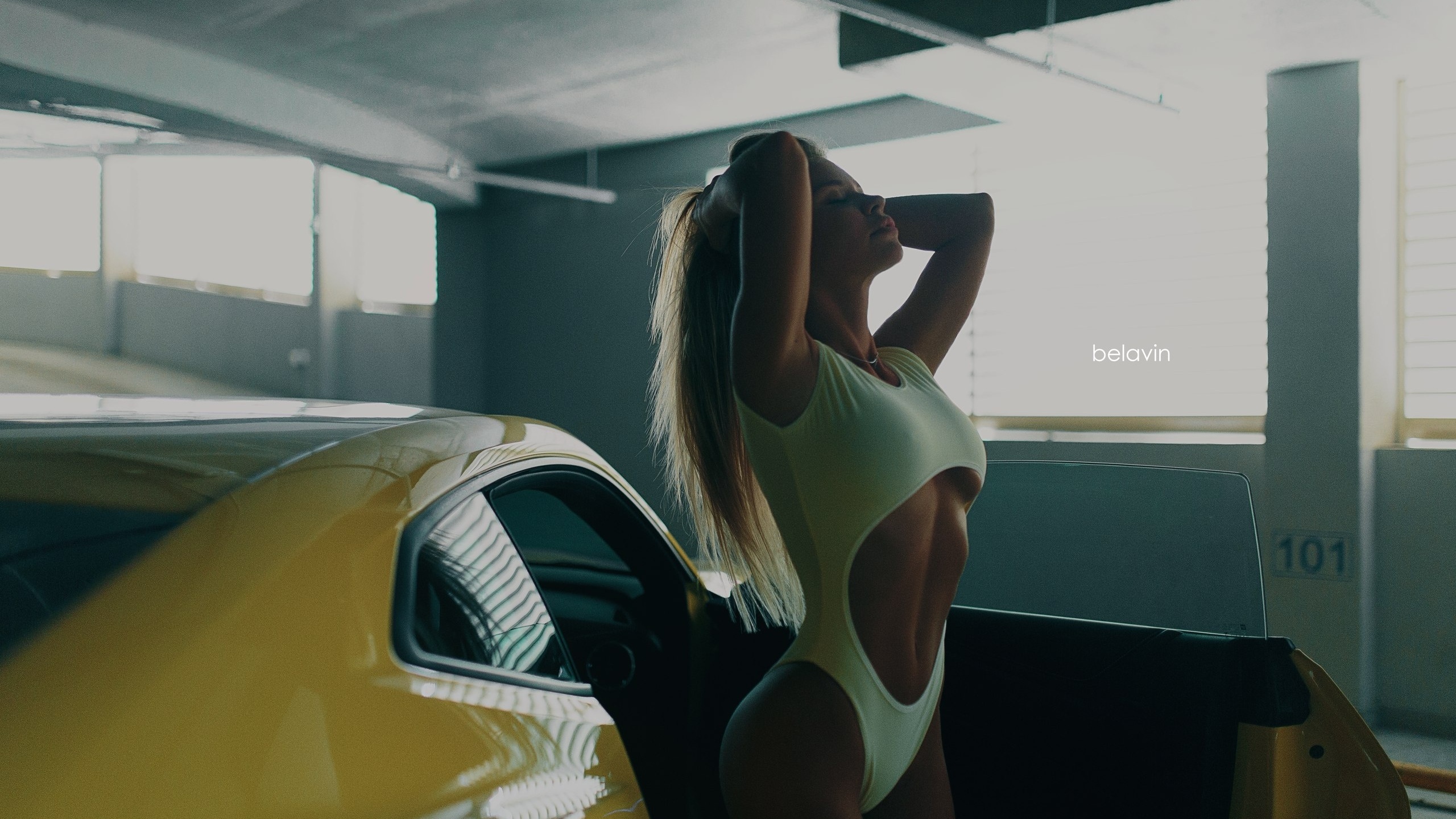women, alexander belavin, tanned, women with cars, one-piece swimsuit, belly, blonde, closed eyes