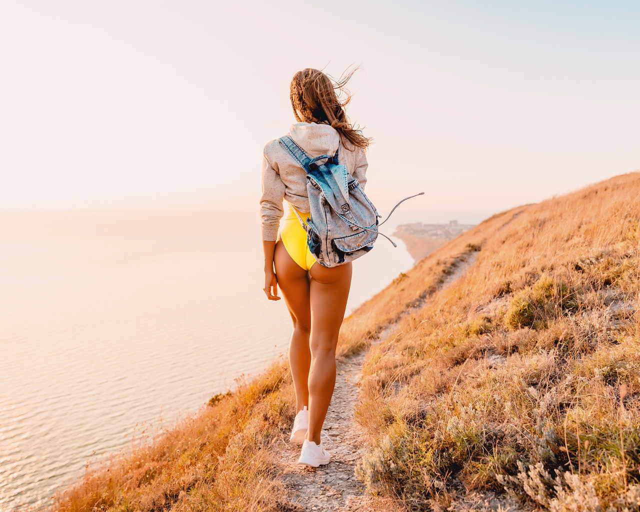 women, bag, one-piece swimsuit, tanned, back, sneakers, sea, women outdoors, the gap, sweater, ass