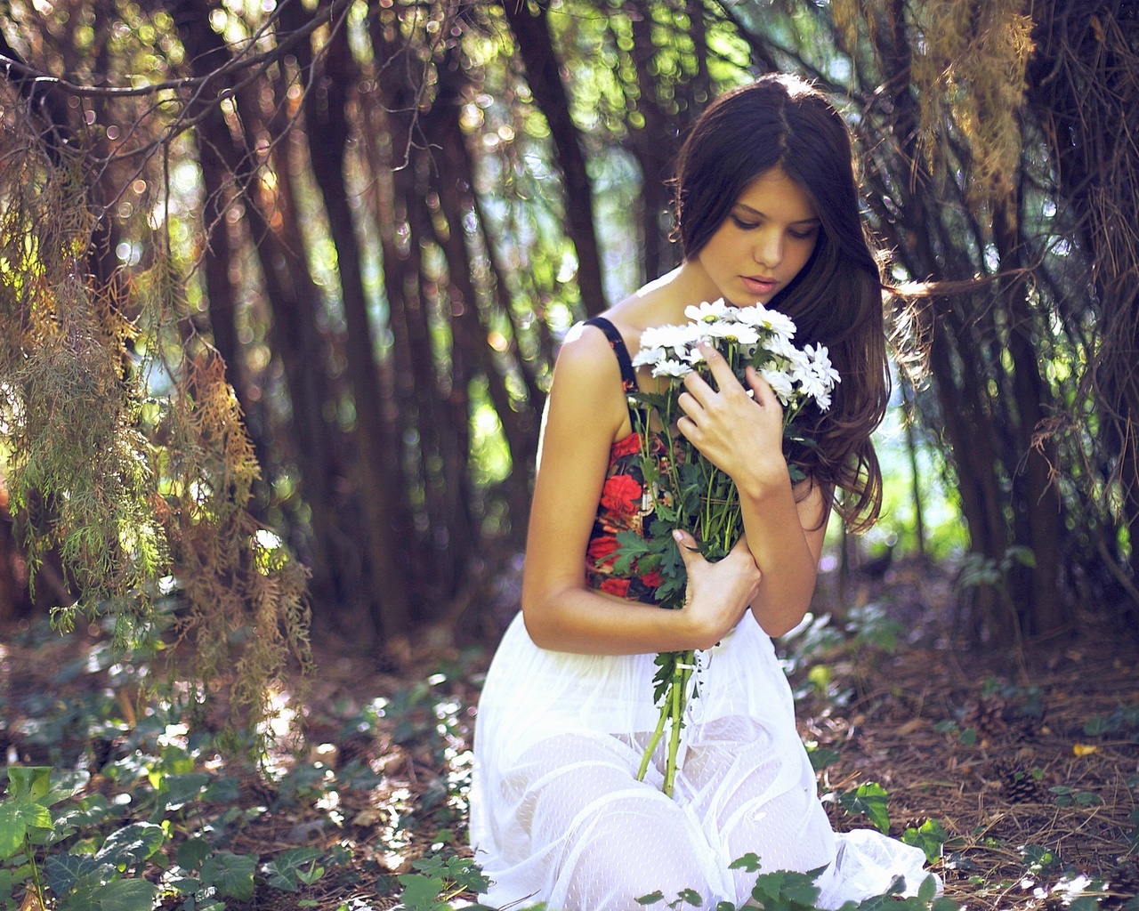 , , , , , , ,  ,   , women, brunette, dress, bouquet, flowers, forest, trees, outdoors