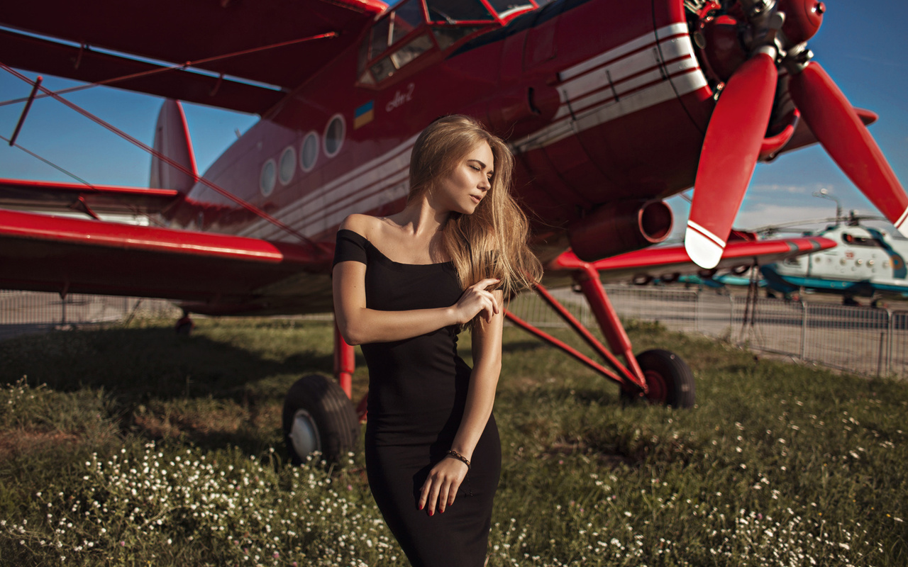 women, blonde, black dress, grass, women outdoors, airplane, red nails