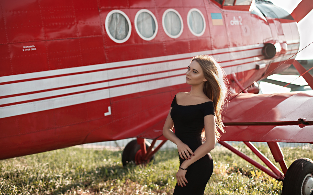 women, blonde, black dress, grass, women outdoors, airplane, red nails