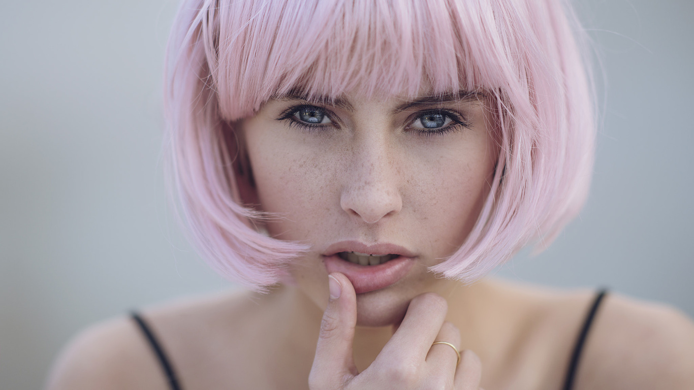 women, pink hair, blue eyes, face, portrait