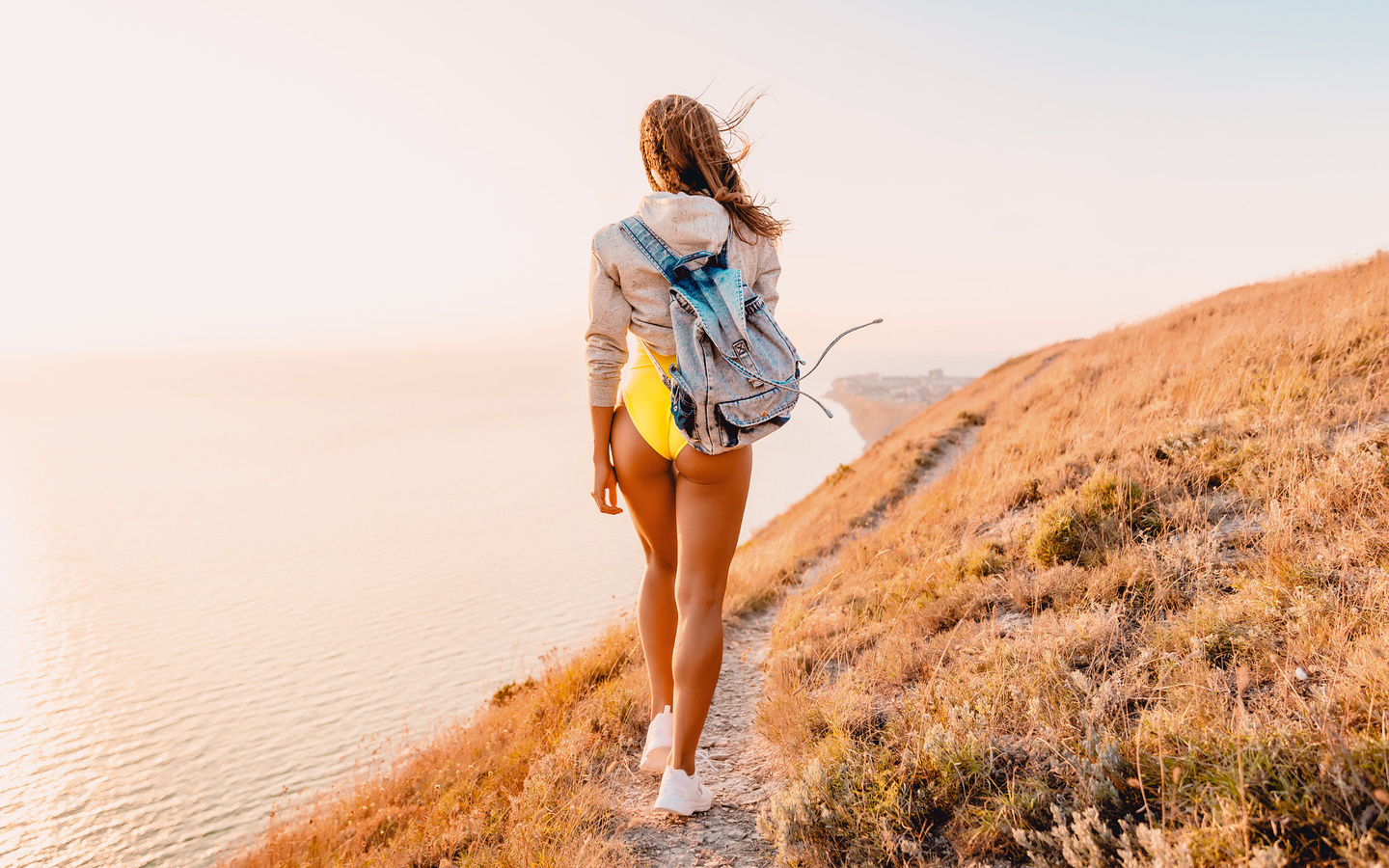 women, bag, one-piece swimsuit, tanned, back, sneakers, sea, women outdoors, the gap, sweater, ass