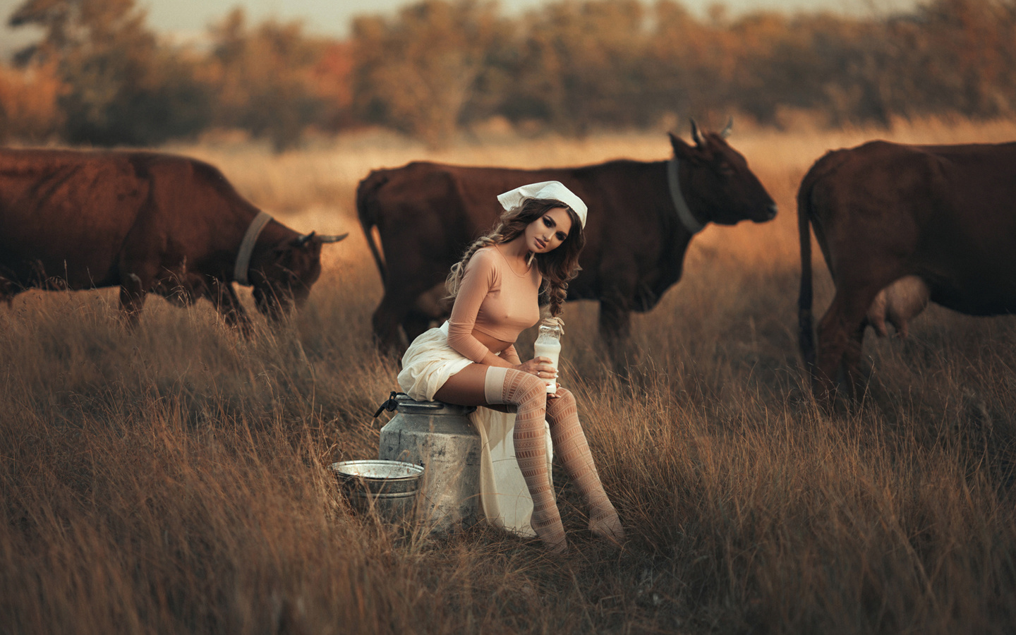 women, sitting, stockings, shirt, pigtails, tanned, depth of field, nipple through clothing, women outdoors, cow