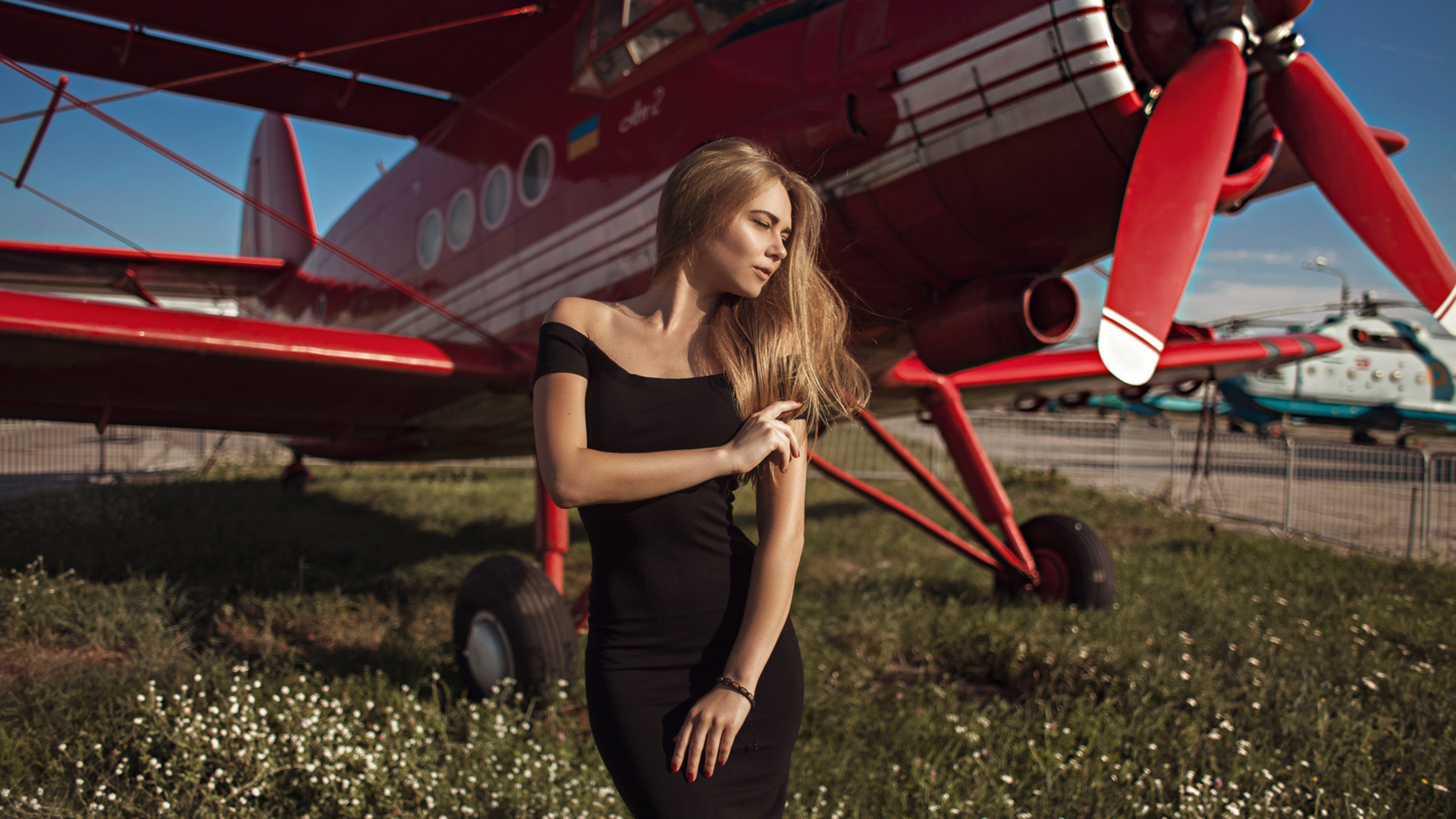 women, blonde, black dress, grass, women outdoors, airplane, red nails