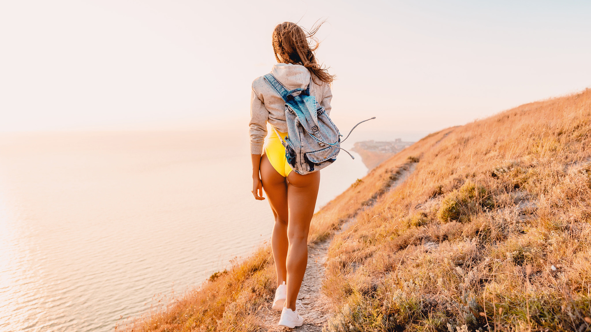 women, bag, one-piece swimsuit, tanned, back, sneakers, sea, women outdoors, the gap, sweater, ass