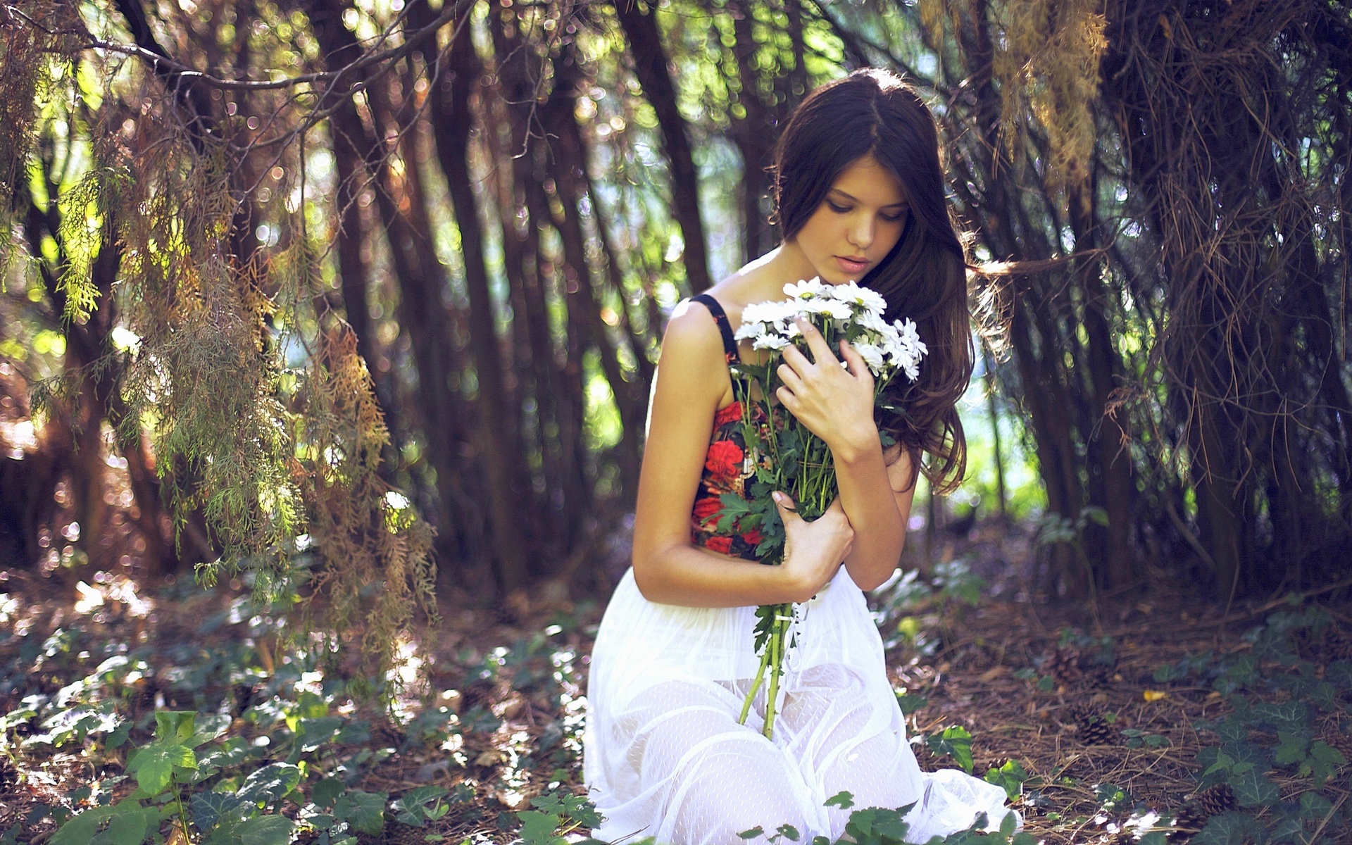 , , , , , , ,  ,   , women, brunette, dress, bouquet, flowers, forest, trees, outdoors