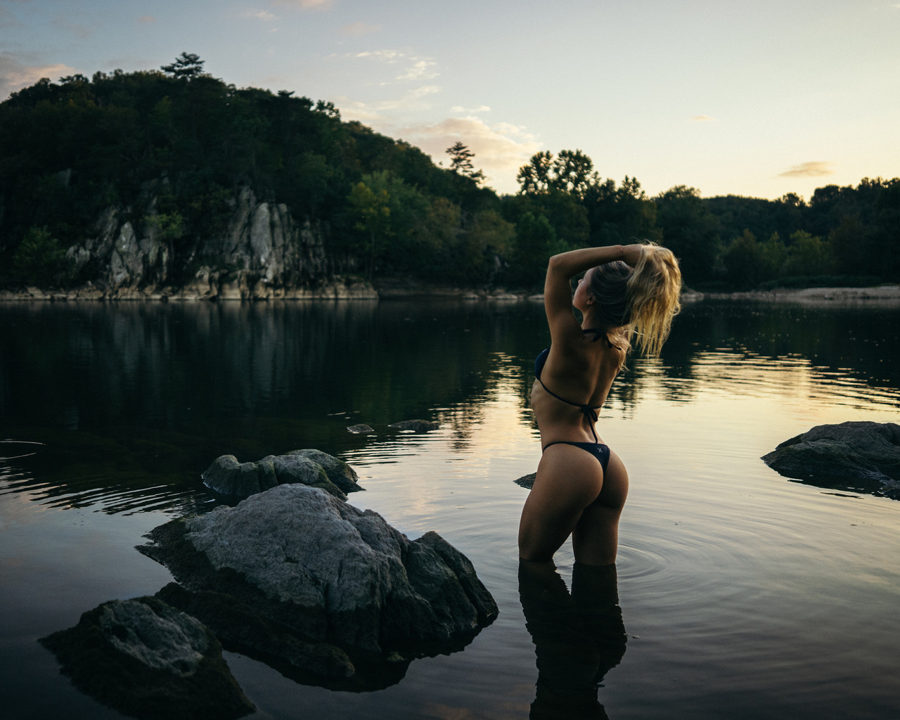 women, tanned, black bikinis, river, rocks, ass, back, water, women outdoors, , ,  , , , , , ,   ,  