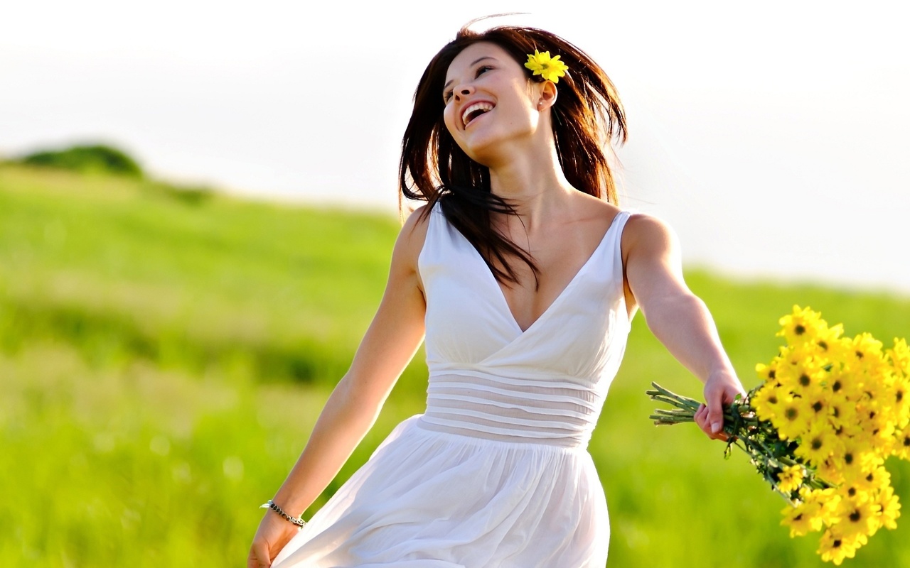 , , , , ,   , , , women, brunette, smile, happiness, dress, girl outdoors, flowers, bouquet