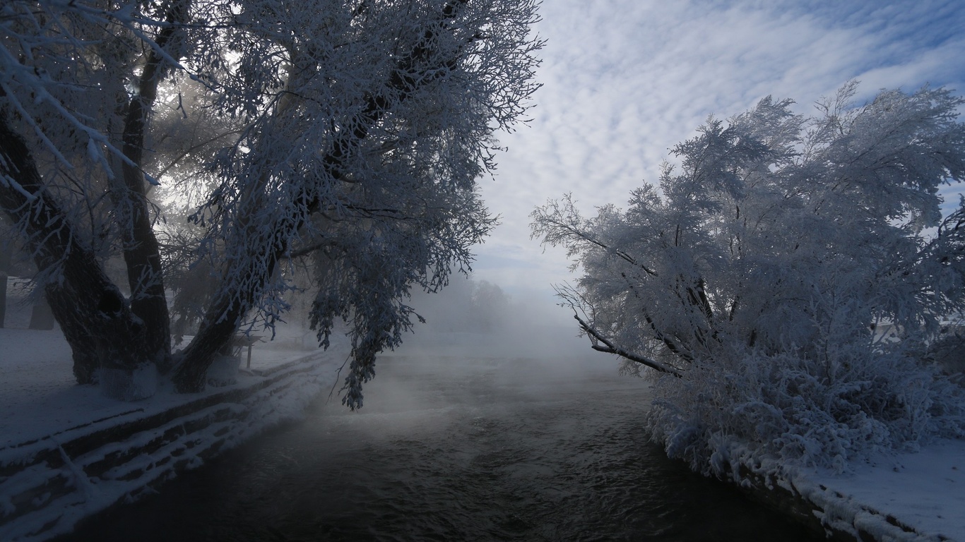 зима, деревья, иней, река