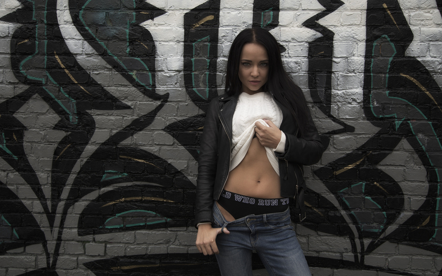 women, angelina petrova, brunette, jeans, leather jackets, wall, underwear, graffiti, portrait, model, 