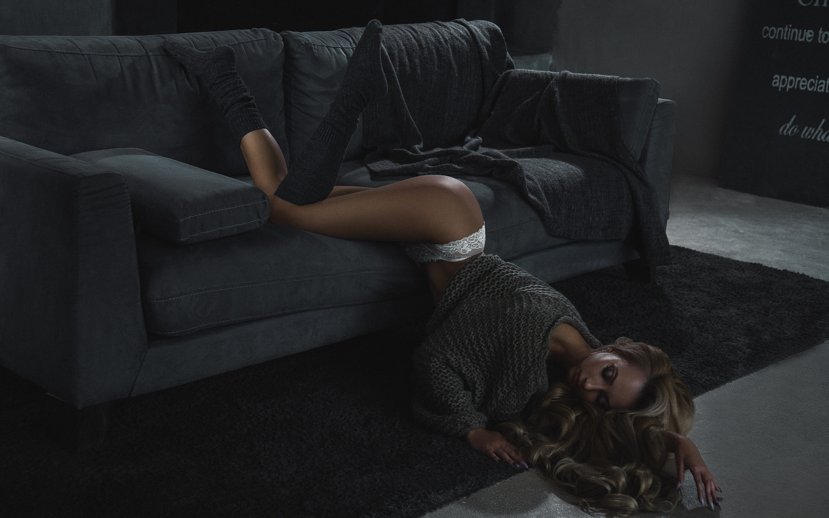 women, tanned, couch, blonde, ass, stockings, white panties, closed eyes, , ,  , , , , , , , 