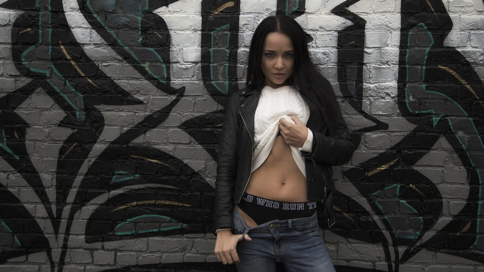 women, angelina petrova, brunette, jeans, leather jackets, wall, underwear, graffiti, portrait, model, 