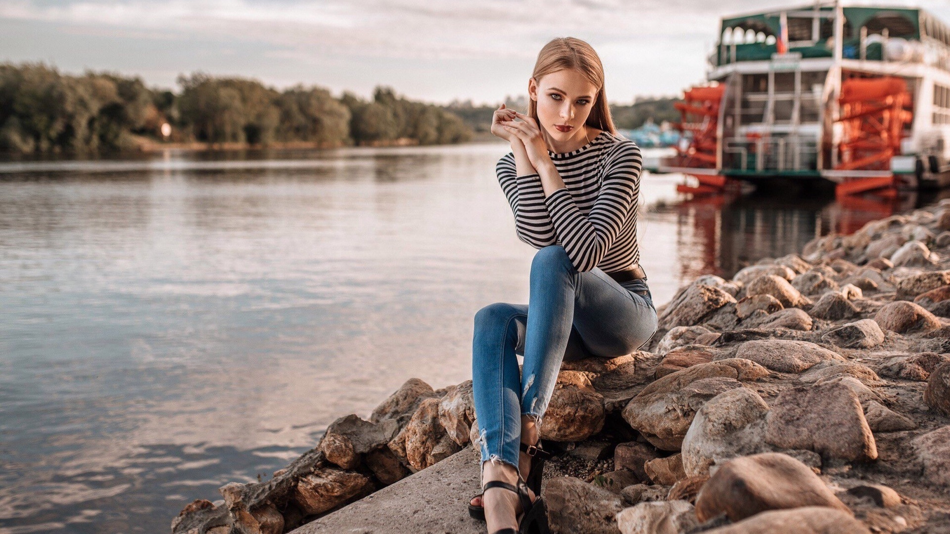 women, blonde, jeans, river, depth of field, portrait, sitting, women outdoors, ,  ,evgeny markalev