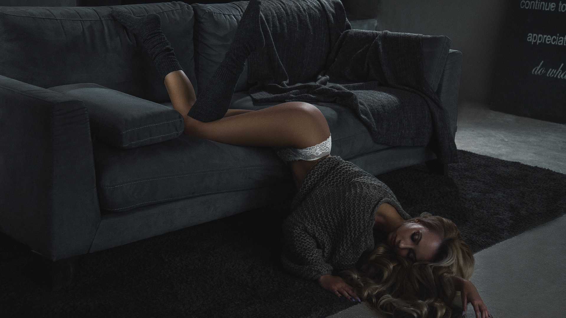 women, tanned, couch, blonde, ass, stockings, white panties, closed eyes, , ,  , , , , , , , 