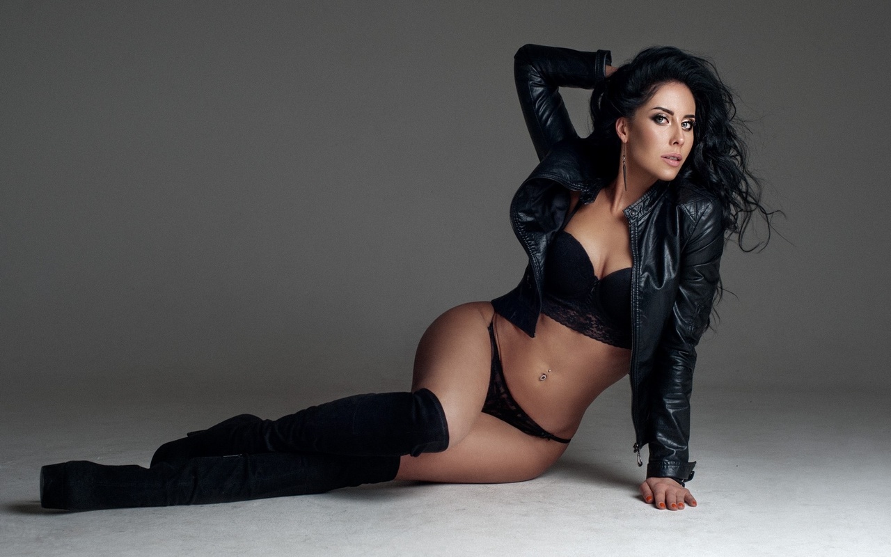 women, tanned, leather jackets, belly, pierced navel, knee-high boots, black lingerie, simple background, , 