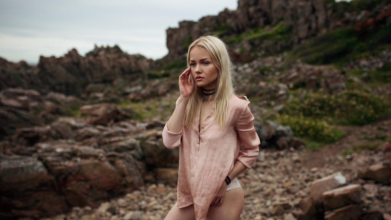 alicja sedzielewska, women, blonde, white panties, women outdoors, choker, brunette, depth of field, portrait