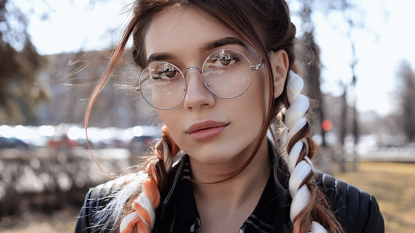 women, portrait, women with glasses, pigtails, depth of field, women outdoors, 