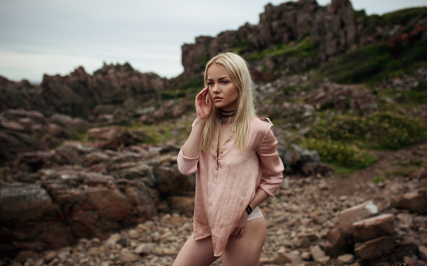 alicja sedzielewska, women, blonde, white panties, women outdoors, choker, brunette, depth of field, portrait