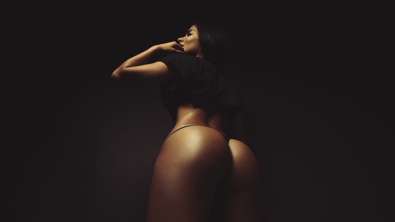 women, tanned, camila guzman, ass, rear view, black panties, simple background