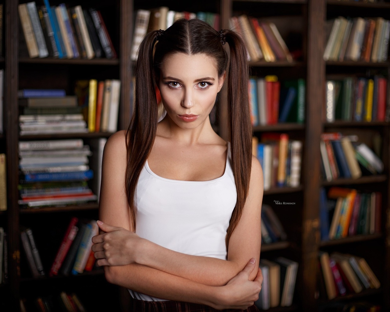 women, maksim romanov, portrait, arms crossed, pigtails, books