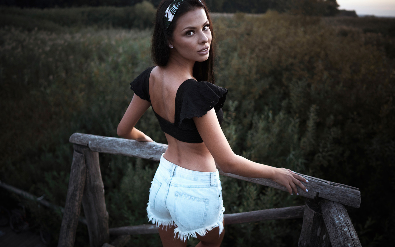 women, paul toma, tanned, women outdoors, jean shorts, back, hair bows, white nails, , 