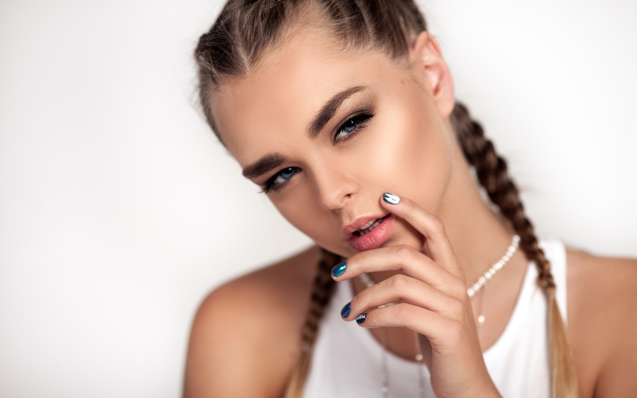women, portrait, white background, painted nails, blue eyes, blonde, simple background, face, braids, finger on lips, white clothing, , , , , , , , 