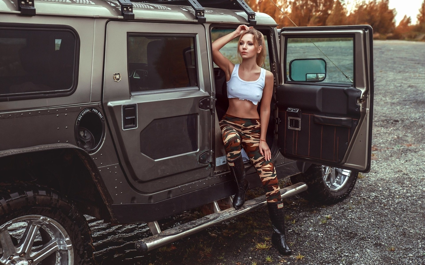 women, blonde, women with cars, belly, brunette, tank top, women outdoors, boots, nipple through clothing, armpits, looking away