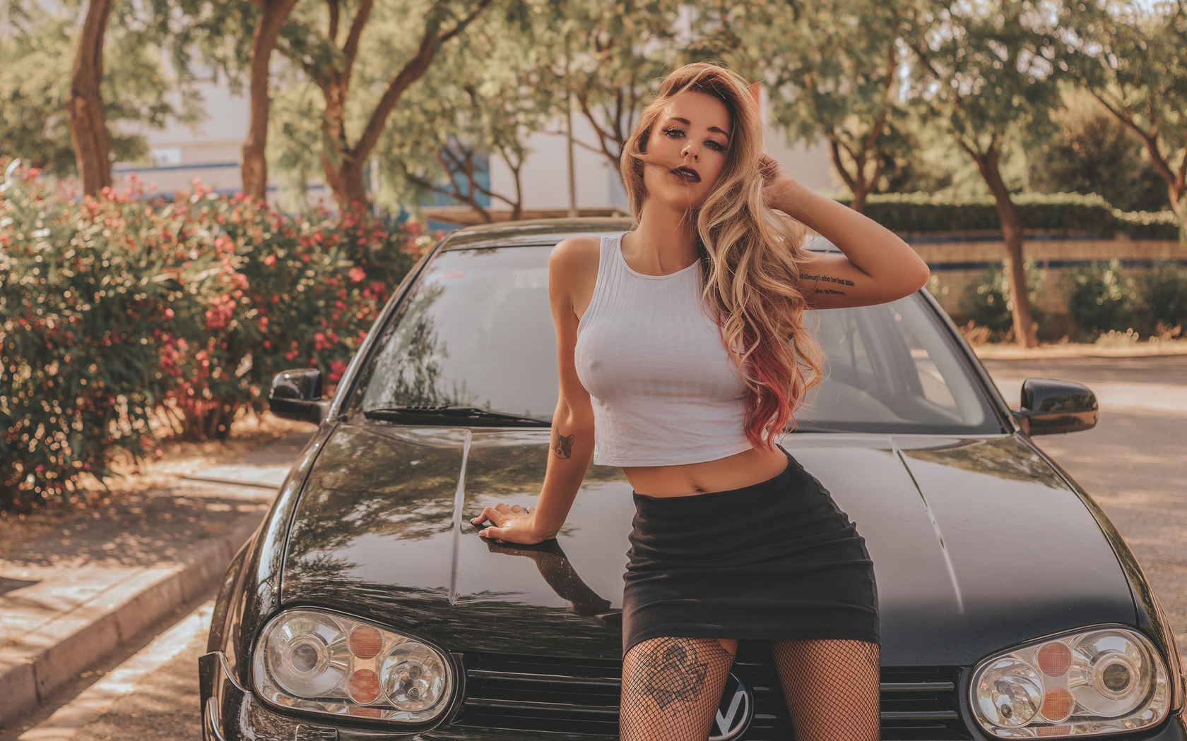 women, blonde, tanned, skirt, belly, fishnet stockings, women with cars, nipple through clothing, dyed hair, tattoo, depth of field, car, women outdoors, portrait