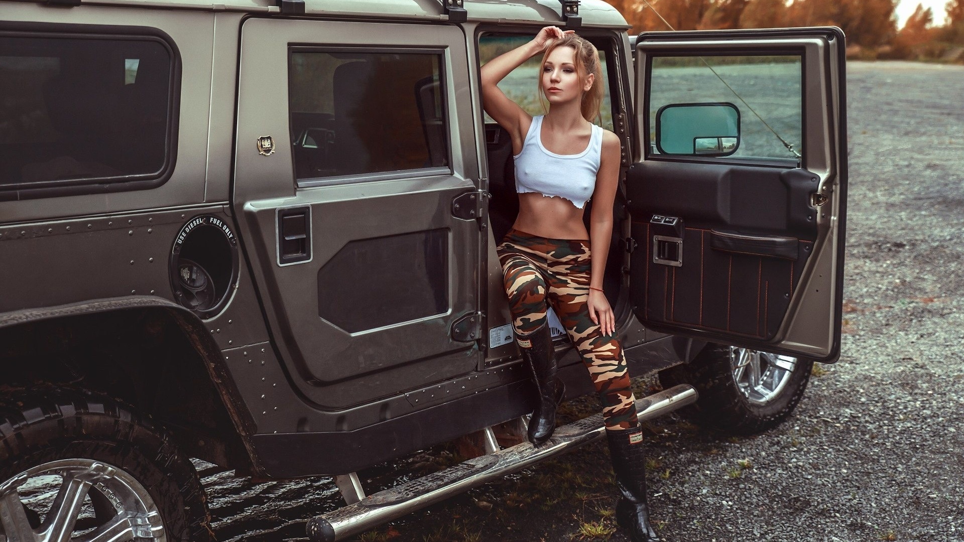 women, blonde, women with cars, belly, brunette, tank top, women outdoors, boots, nipple through clothing, armpits, looking away