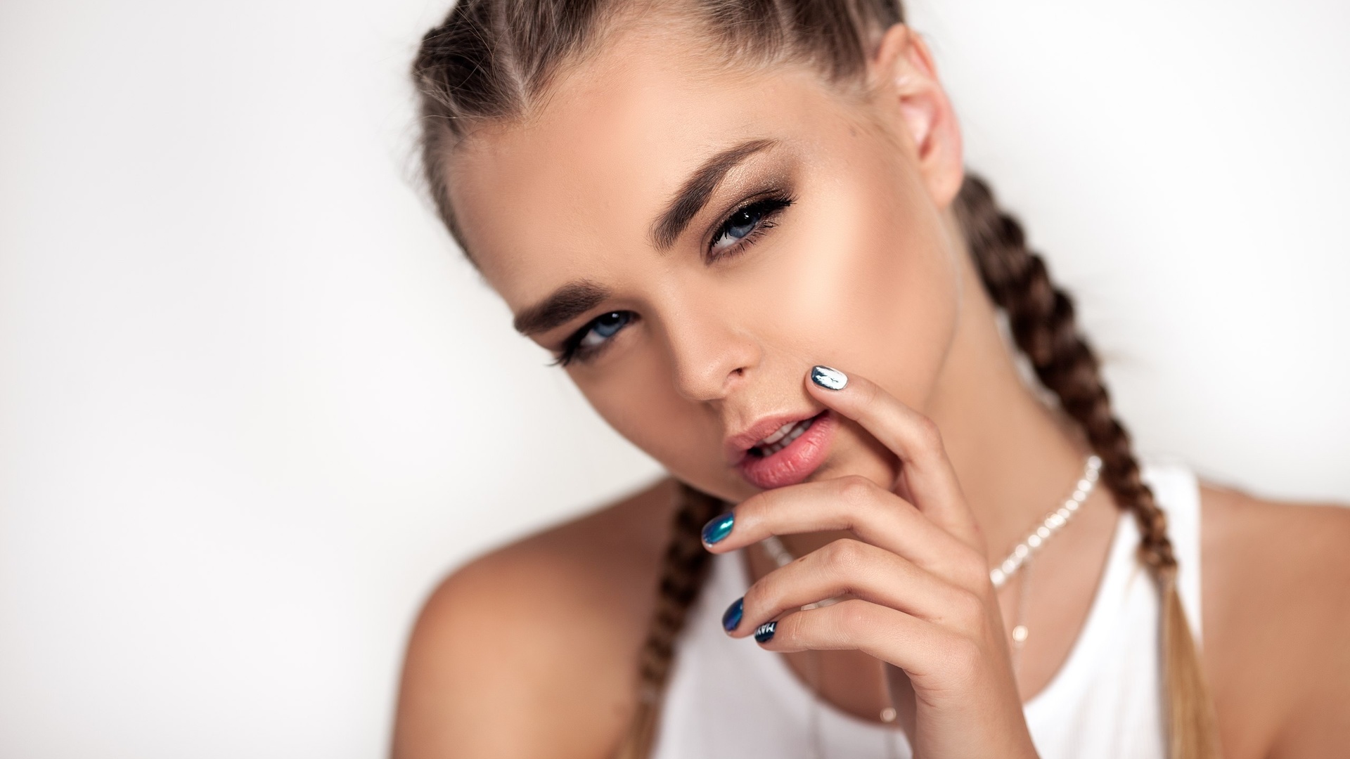 women, portrait, white background, painted nails, blue eyes, blonde, simple background, face, braids, finger on lips, white clothing, , , , , , , , 