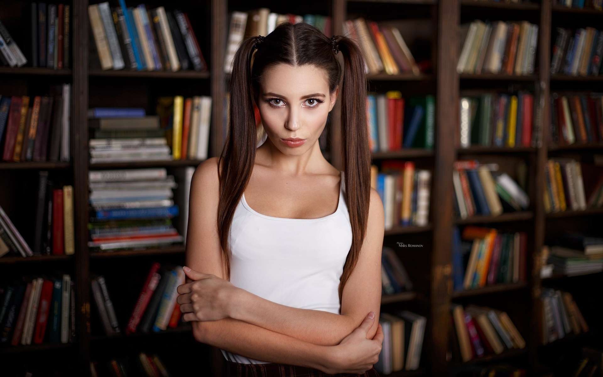 women, maksim romanov, portrait, arms crossed, pigtails, books